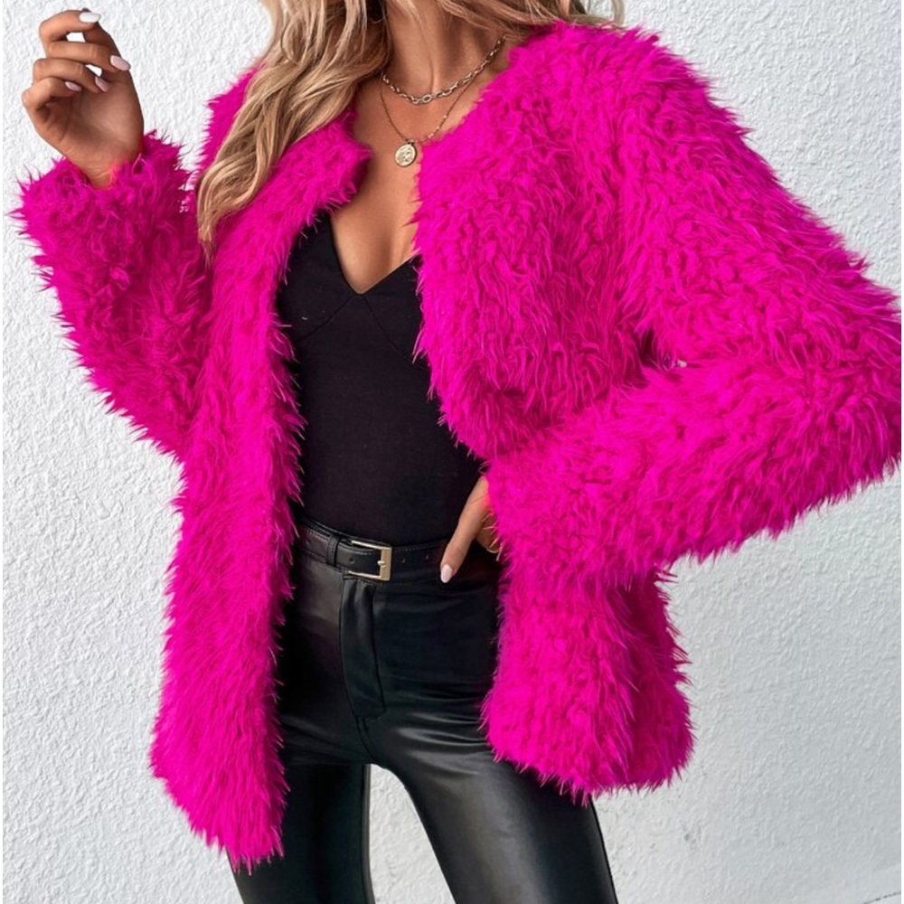 Cozy Faux Vegan Fur Open Front Jacket Coat Hot Pink - Picture 5 of 14
